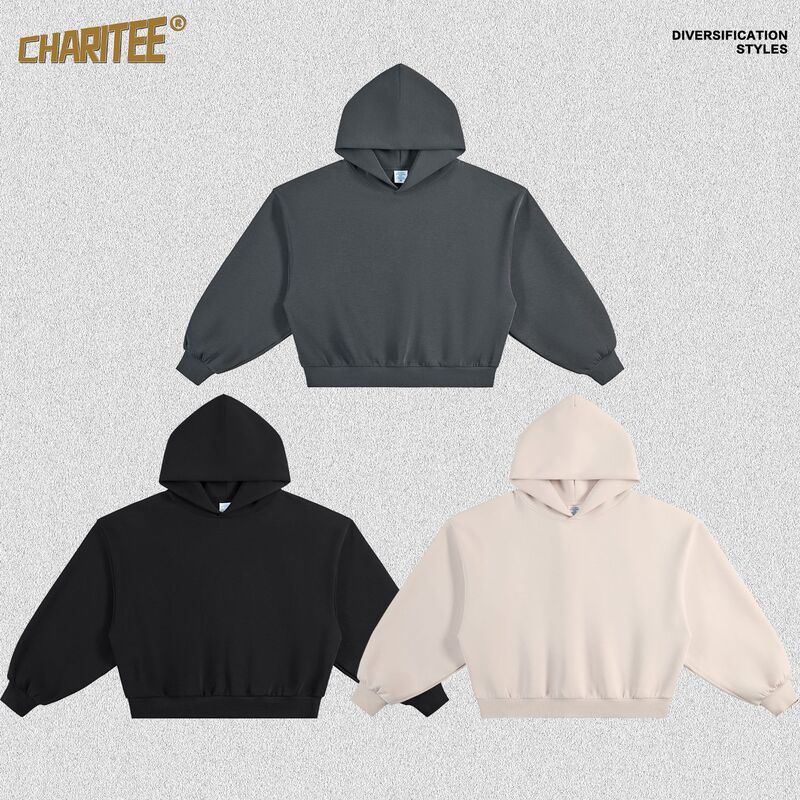 Charitee | Fleece American-Style Boxy Trendy Brand Hoodie Cleanfit Short Wide-Fit Hoodie Fog Sweatshirt