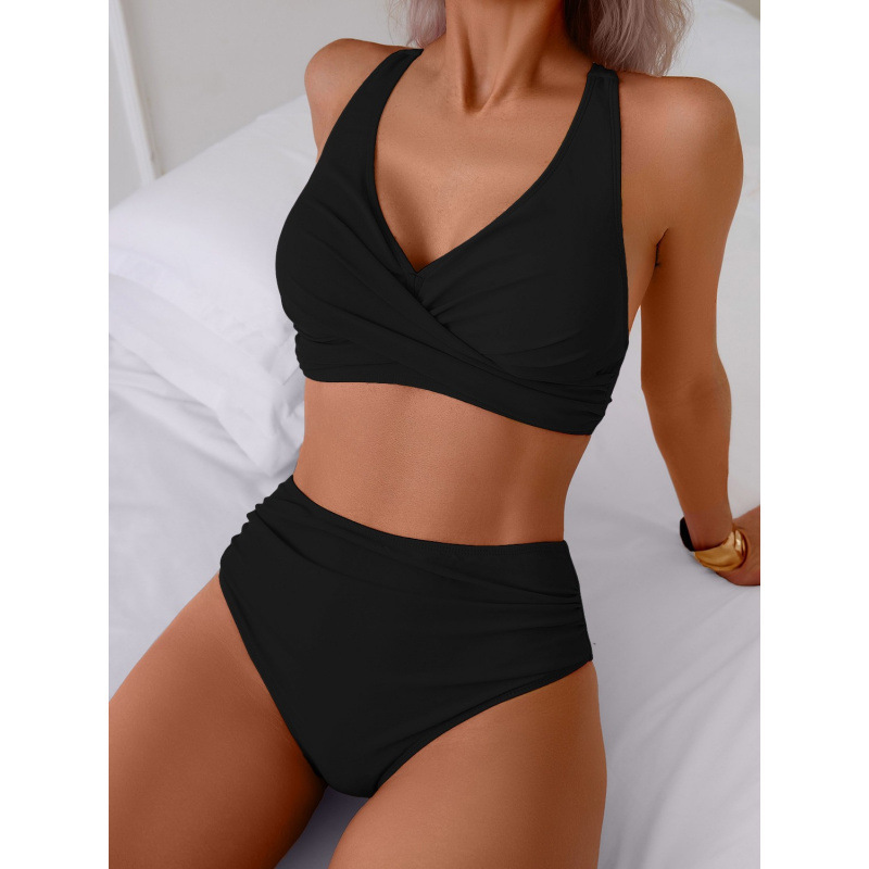 Solid color two-piece V-neck wrap-bust cross-knot tank-style high-waisted ruched simple slimming swimsuit