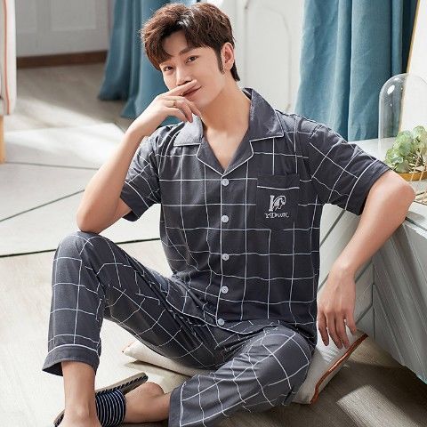 Pijamas de verano para hombre 100% algodón pantalones de manga corta verano para hombres jóvenes más tamaño Delgado homewear traje de hombre