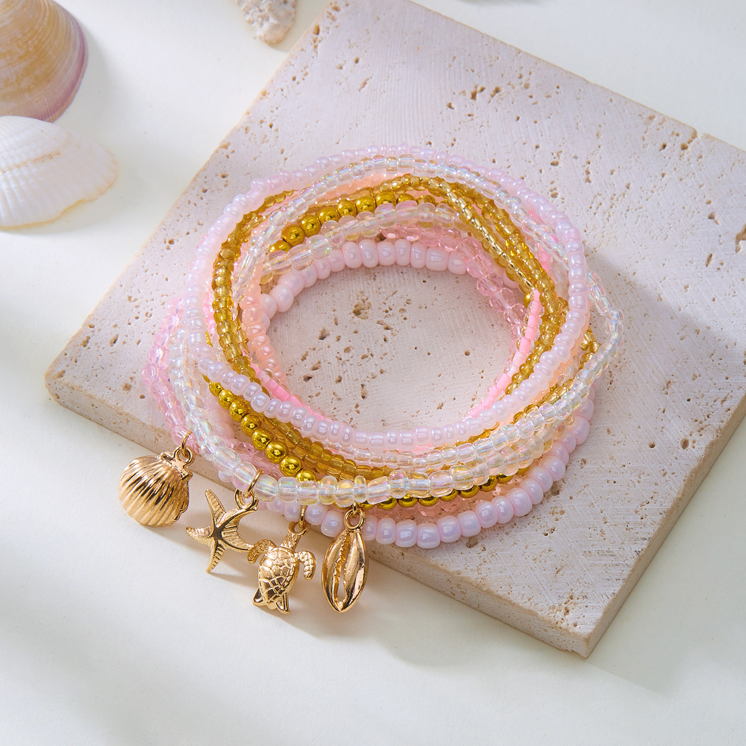 Bracelets Classification Modern Style Scallop Starfish Conch CCB Alloy Seed Bead Beaded Chain Stretch Adjustable Beaded Bracelets Wholesale