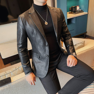 Spring and Autumn high quality Business Casual Leather Men's Fashion Fashion suit Collar Woven Plaid Leather Jacket 23676