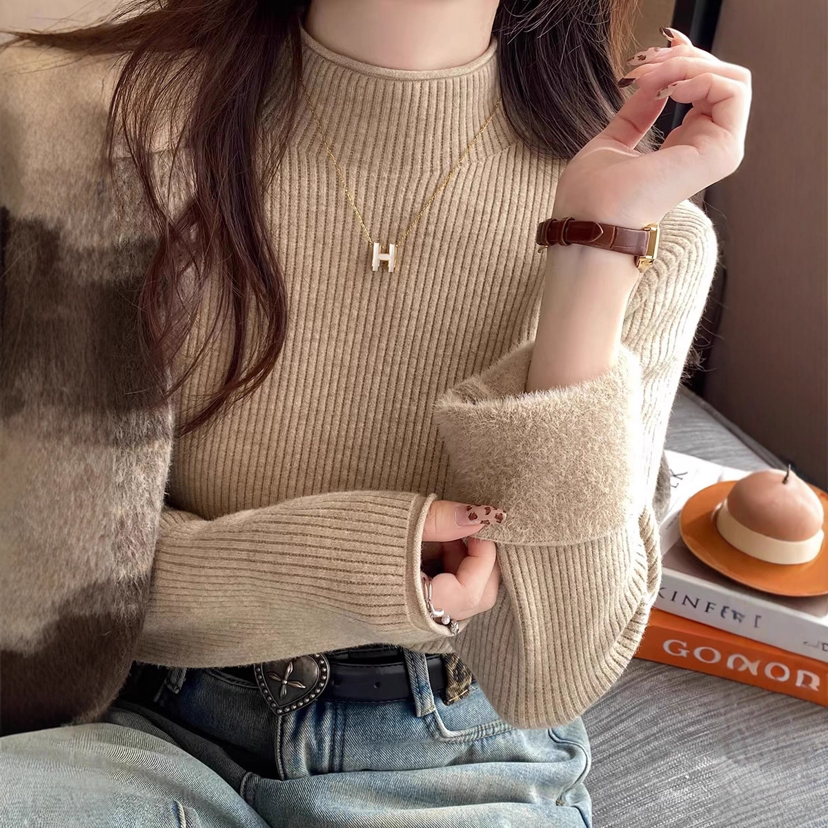 노란색 스웨터 여성 겨울 두께 기모 레깅스 일체형 기모 내복 2026 가을 겨울