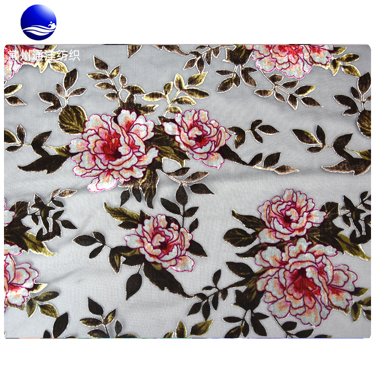 远销欧美的 的时装服装梭织丝绒印花烂花锦粘绒面料Velvet