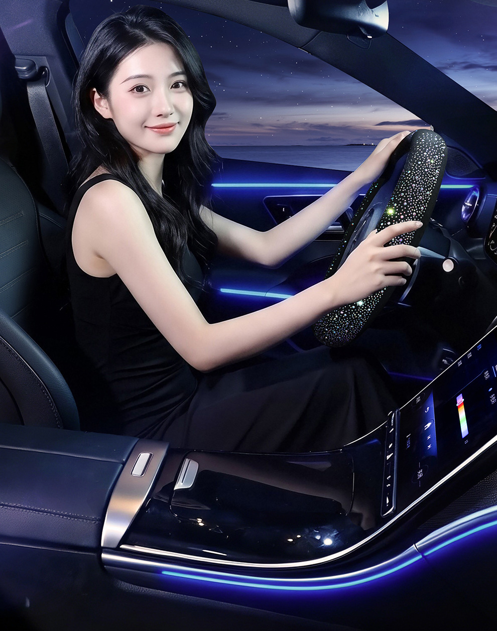 2026 New Fashion Full-Diamond Car Steering Wheel Cover for Women, All-Season Universal, Sparkling Diamond Anti-Slip D-Type Steering Wheel Cover