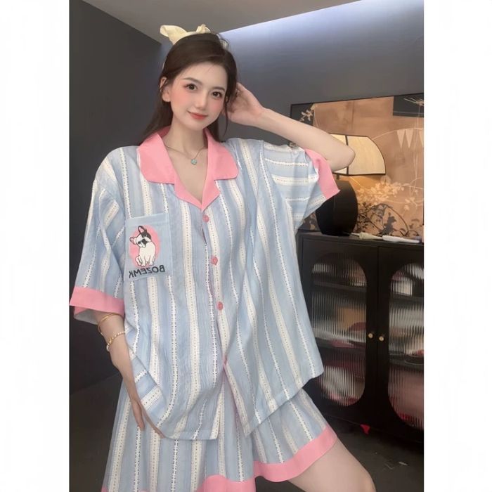 Venta al por mayor transfronteriza de solapa de color de red nube de algodón dulce y lindo pijama de dibujos animados pantalones cortos de manga corta de verano para mujer servicio a domicilio