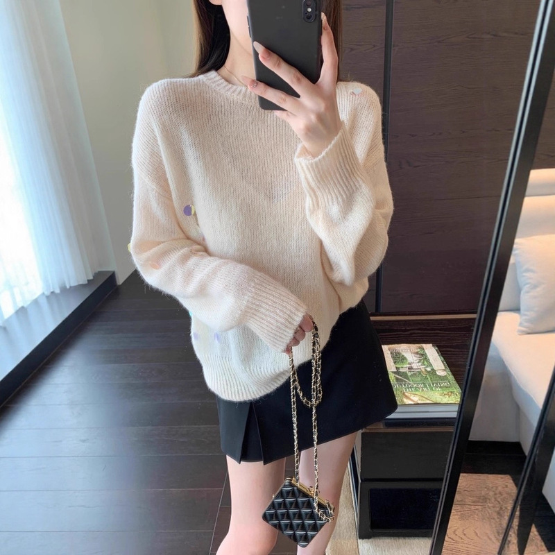 A13821温柔减龄 镂空亮片显瘦罩衫宽松套头针织毛衣女秋冬新|undefined