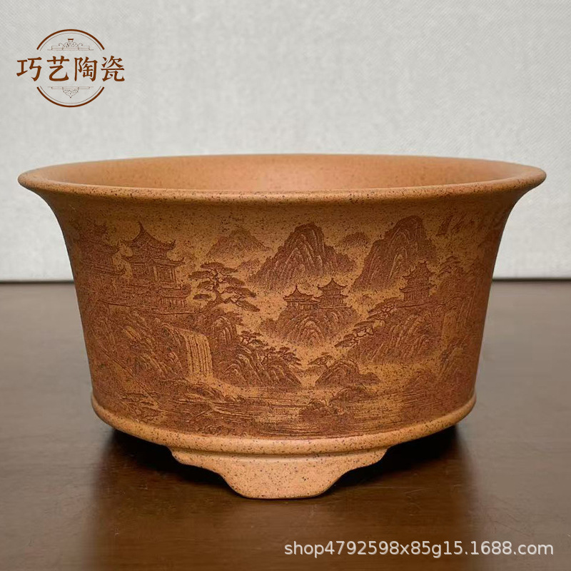 High-Quality Purple Sand Flower Pots, Coarse Pottery Round Bonsai Flower Pots, Hand-Engraved Creative Retro Potted Plant Pots, New Style High-Quality Purple Sand Flower Pots, Coarse Pottery Round Bonsai Flower Pots, Hand-Engraved Creative Retro Potted Plant Pots, New Style