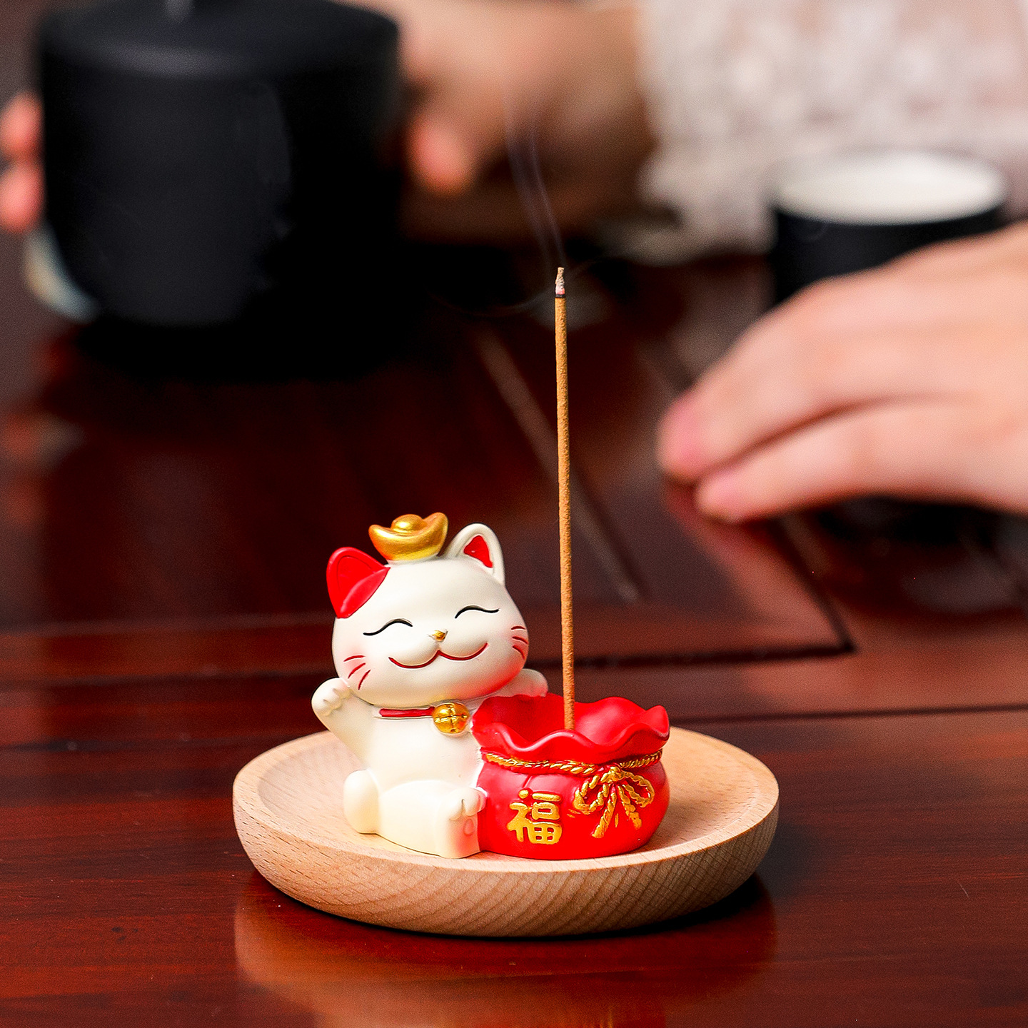 可爱招财猫禅意香炉香插摆件家用竹木托盘线香盘香香托桌面装饰品