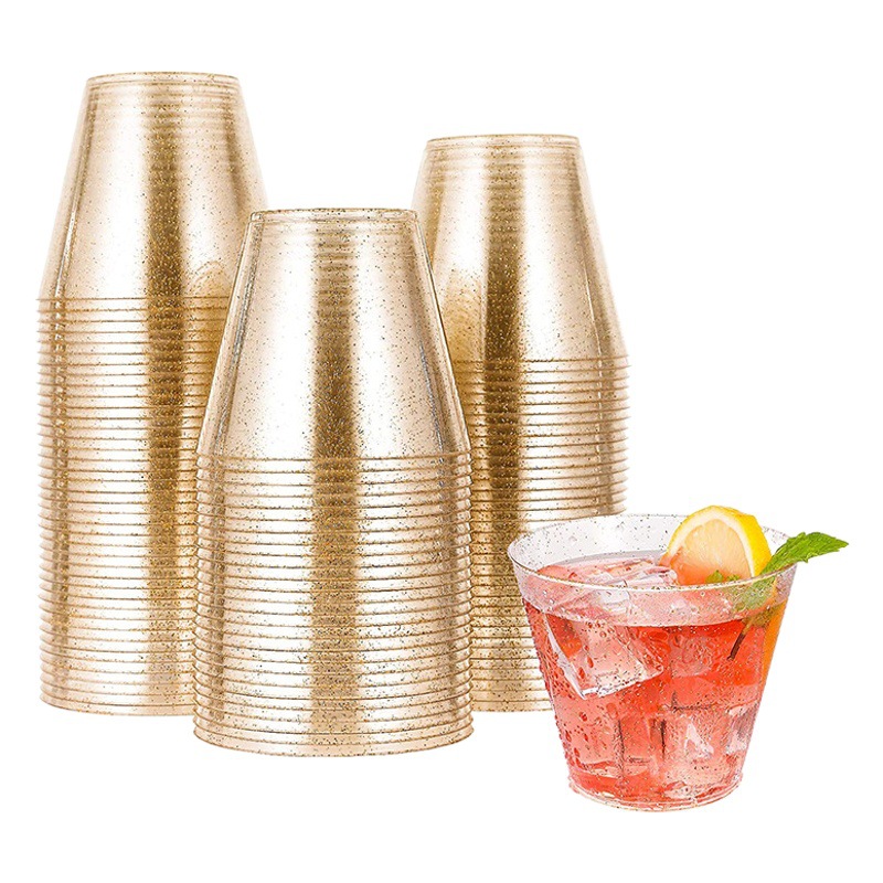 9oz de oro de color rosa taza de plástico desechable copa de vino taza de postre occidental utensilios para beber