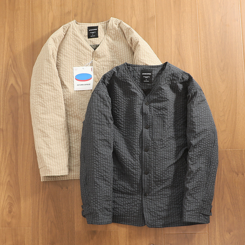 Japanese retro-style trendy brand layered thick cotton jacket for men, autumn and winter fashion, lightweight, warm, loose, collarless cotton coat