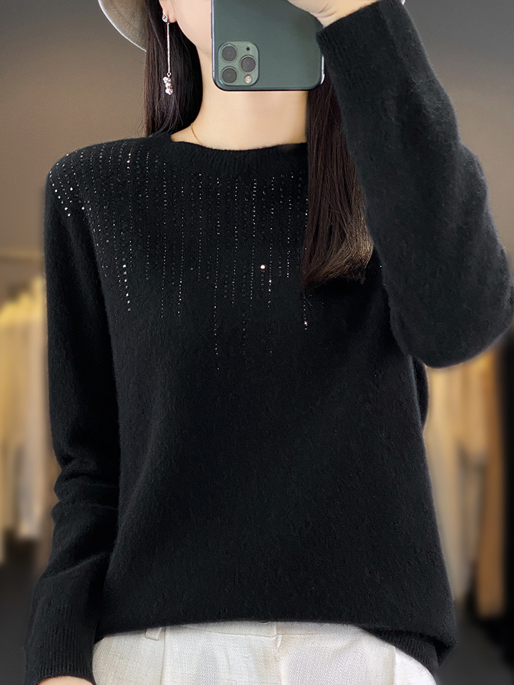 Ropa de primera línea sin costuras 2023 otoño e invierno nuevas mujeres cuello redondo Jersey de manga larga con lentejuelas camisa de fondo de punto Andy Velvet