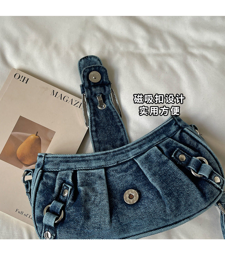 Túi đeo chéo nữ dáng hộp nhỏ kẹp nách vải denim xếp nếp phong cách Hàn Quốc — Cao bồi xanh, Màu xanh cổ điển, đen chi tiết 8