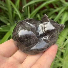 跨境热销 厂家批发 银曜石水晶动物睡猫雕刻件创意水晶猫摆件批发