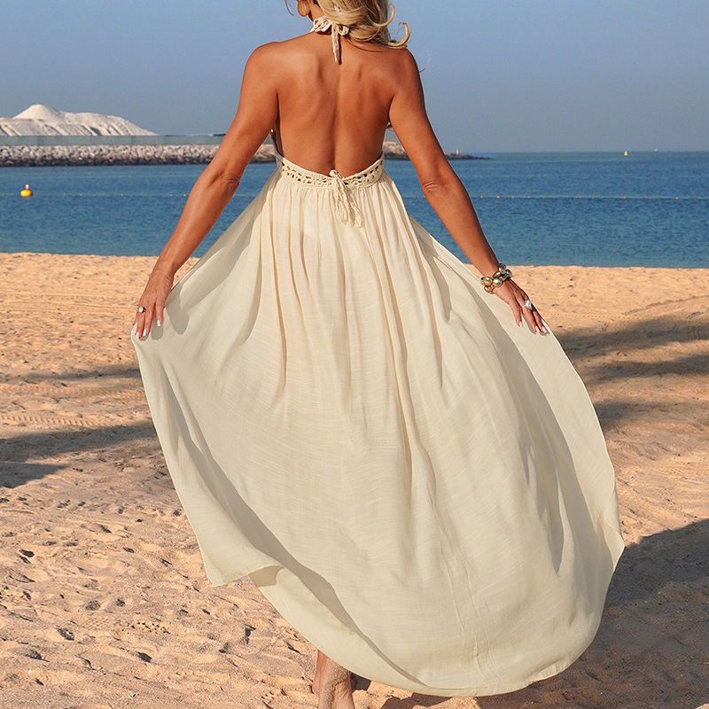 Nuevo gancho de mano europeo y americano empalmado camiseta de cuello en V vacío perspectiva sexy horquilla abierta espalda colgar cuello de playa para mujeres