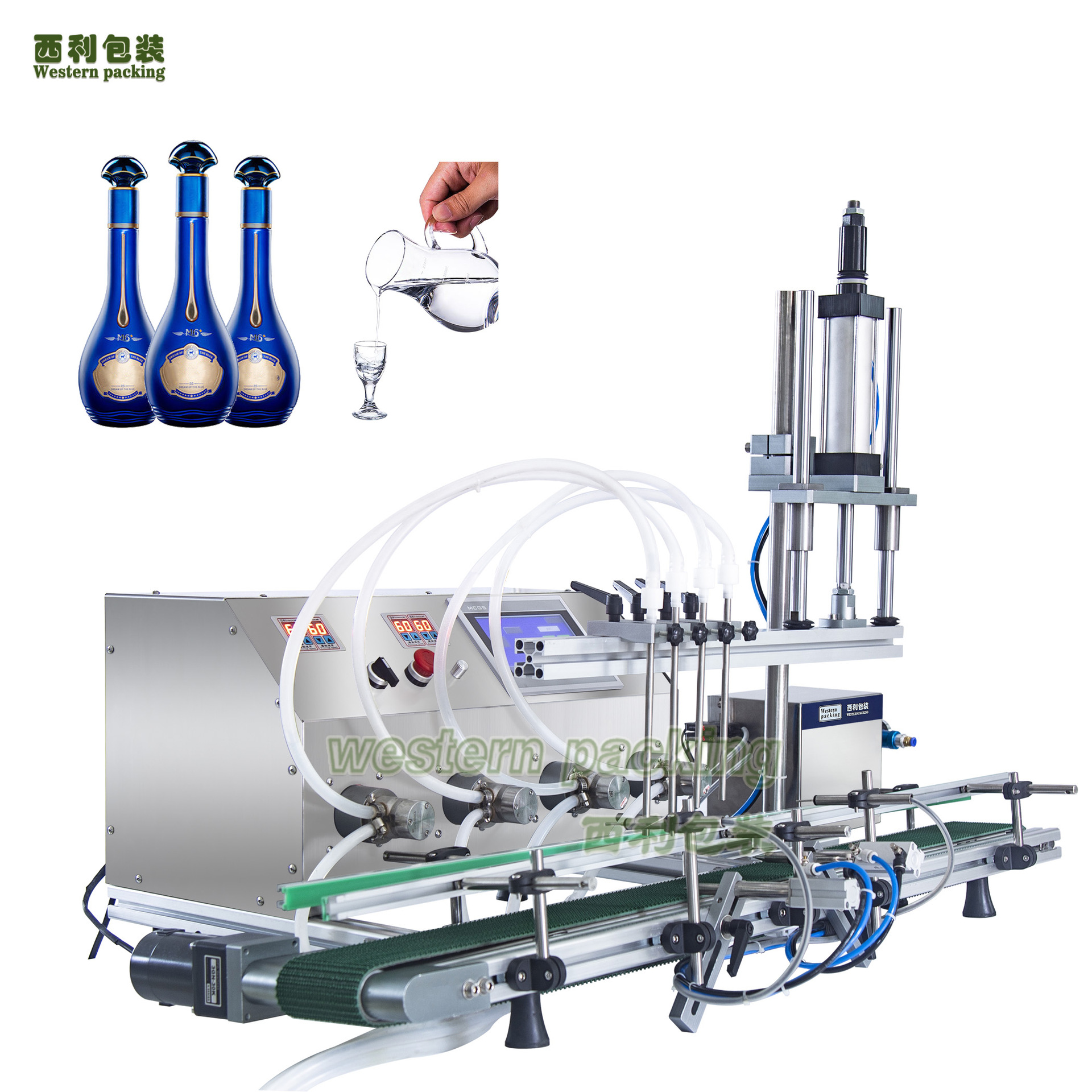 液体灌装机半自动四头酒精液体灌装机带输送带流水线小型灌装机