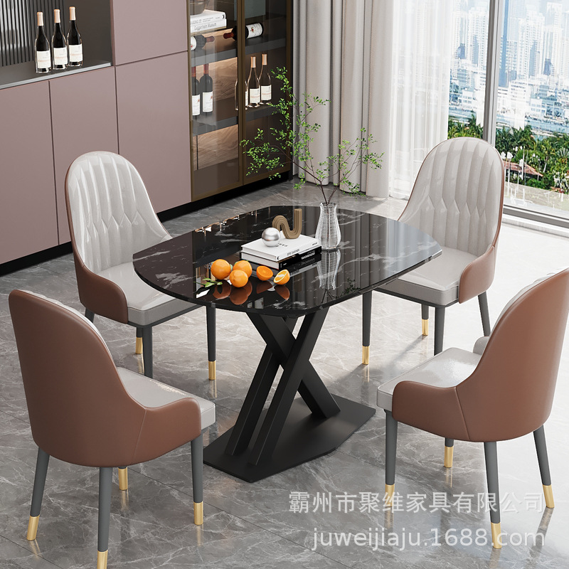 Mesa de comedor de placa de roca para el hogar italiano, apartamento pequeño, lujo ligero, mesa de comedor de acero al carbono rectangular de pierna cruzada moderna y sencilla de alta gama