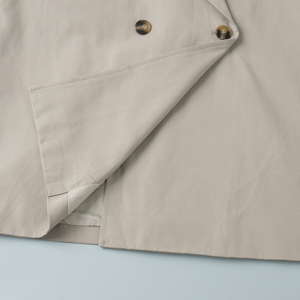 Áo khoác trench coat nữ dáng dài cổ ve, thắt eo phối đai, tay dài — Kaki chi tiết 12