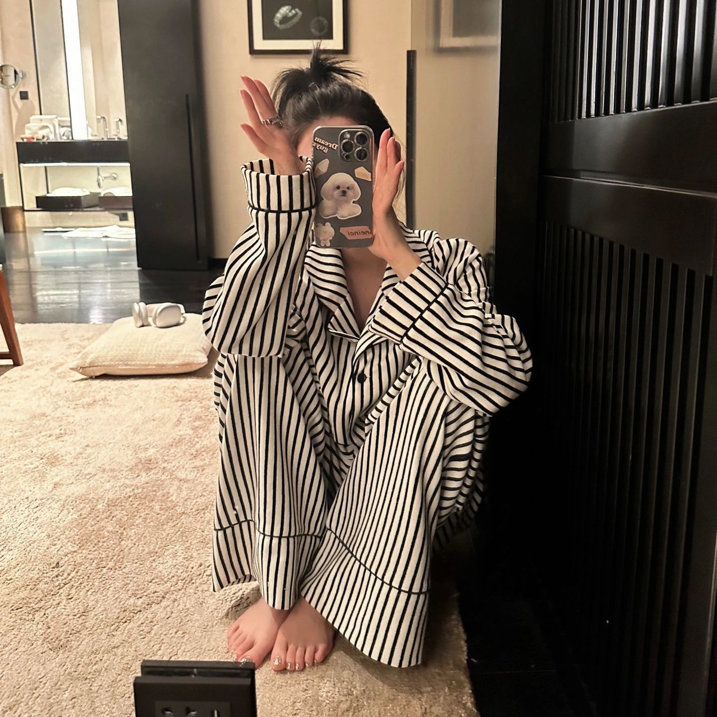 ストライプパジャマ女性春秋新長袖長ズボンins日系カジュアルシンプル学生ルームウェア