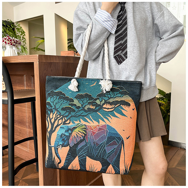 300g Weight Polyester Lining Material Zipper Closure Type Single Shoulder Strap Strap Type Tote Bag Bags Type Holiday, Travel Occasion Canvas Material Elephant Pattern All Seasons Season Women's Gender Ethnic Style, Classic Style Style Square Shape Medium Size Women's Medium Canvas Elephant Ethnic Style Classic Style Square Zipper Tote Bag 13