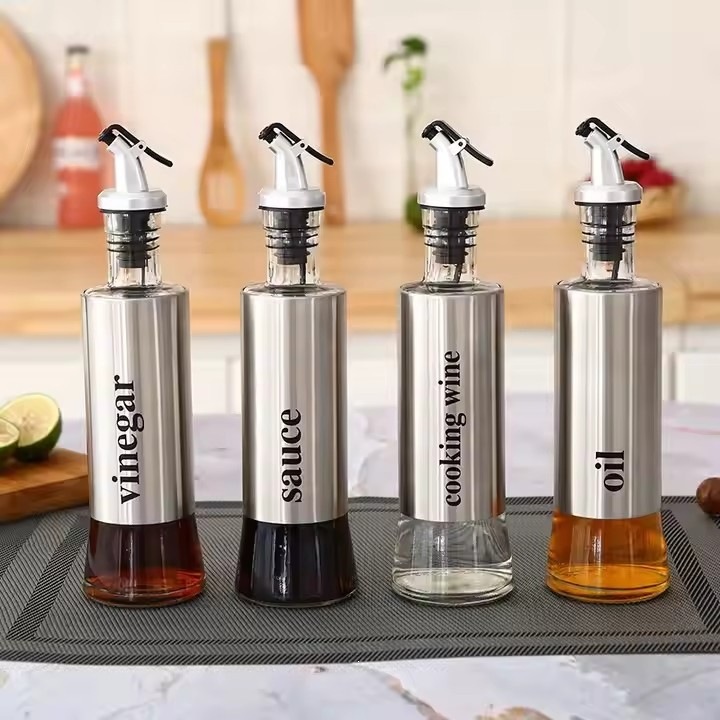 新款家用不锈钢玻璃油壶厨房酱油醋瓶玻璃瓶调料瓶logo透明空瓶