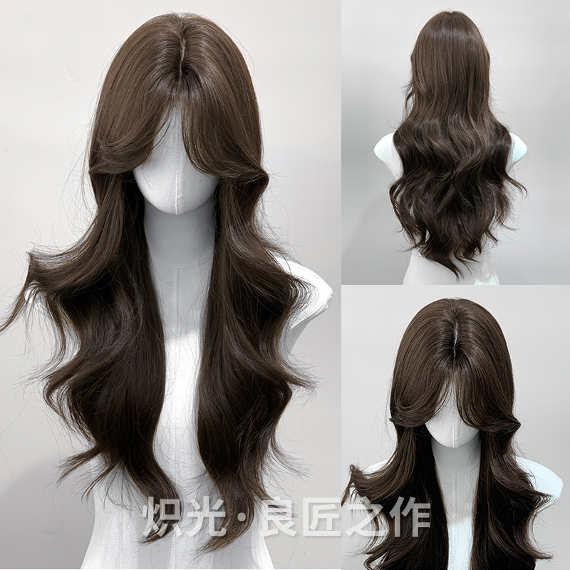 Blazing wig black tea colored women's hair big wave long curly hair new daily natural net red full head cover wholesale cross-border