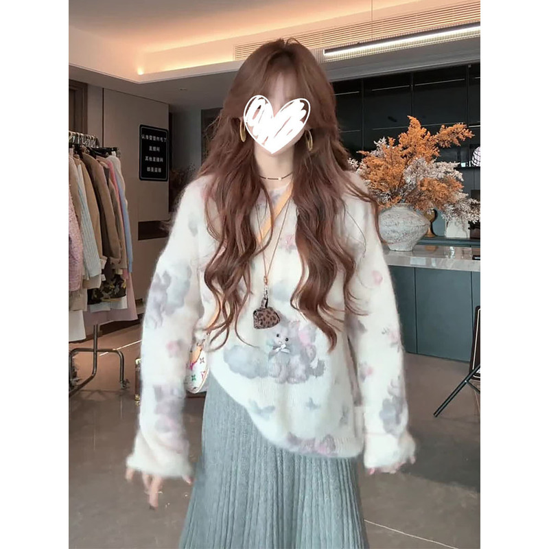 温柔风甜美卡通猫咪印花长袖套头针织毛衣女慵懒软糯宽松上衣穿搭|undefined