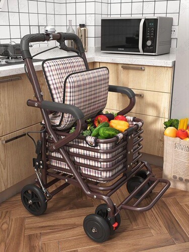 WI25 wholesale elderly walker that can be pushed and sat on, a four-wheel folding stroller that the elderly can sit on and push away