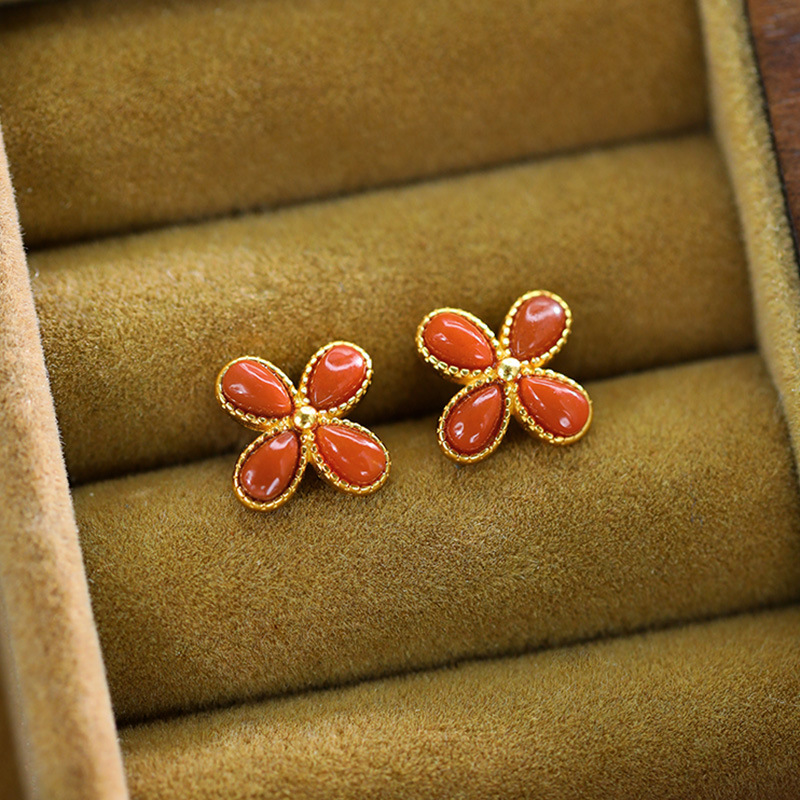 (2개) HUIBAOLI S  금도금 LAPIS LILZULI SOUTH RED AGATE 4 잎 클로버 패션 단순 올 매치 여성 귀걸이