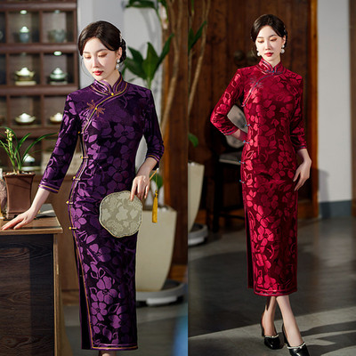 flocking jacquard flowers chinese dress qipao retro long sleeve cheongsam improved national wind restoring ancient ways  Chinese dress skirt