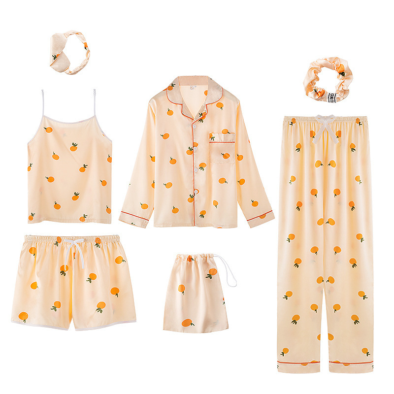 Entrega de una pieza nueva flor de siete piezas pijamas de manga larga de primavera de las mujeres de seda-como sexy homewear traje pijamas