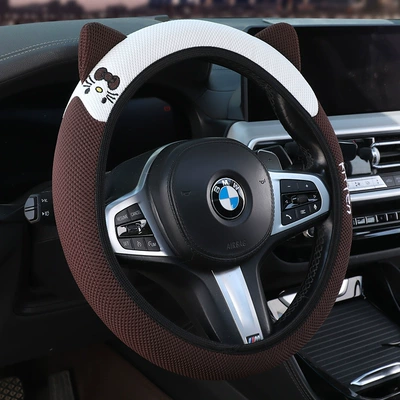 all seasons, with three-dimensional cat | Steering wheel cover - elastic-embroidery-in-brown-with-white-accents-36-39cm