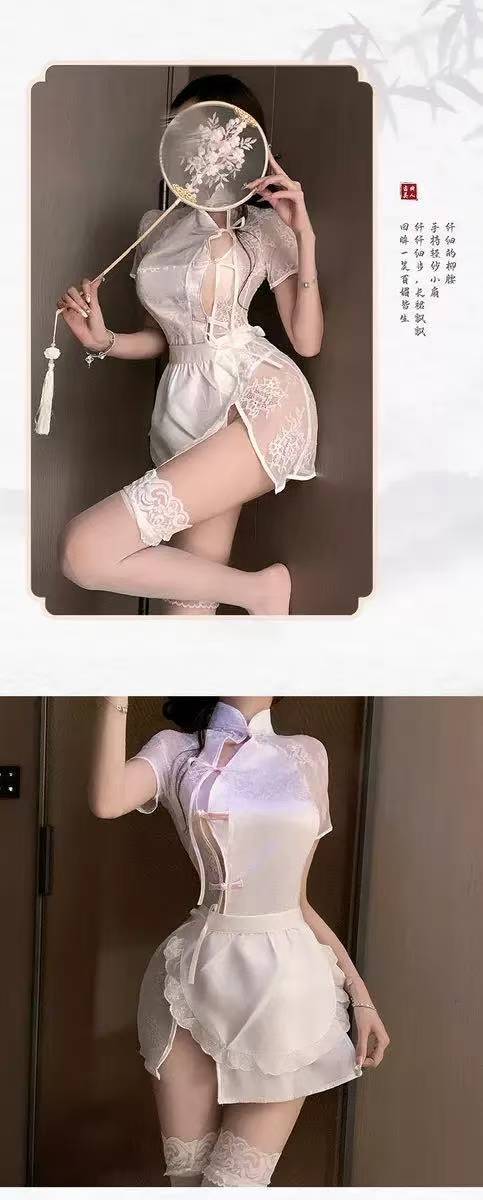 Maid Roleplay Costume Set with Apron and Black Butterfly Stockings, One Size — detail image 5