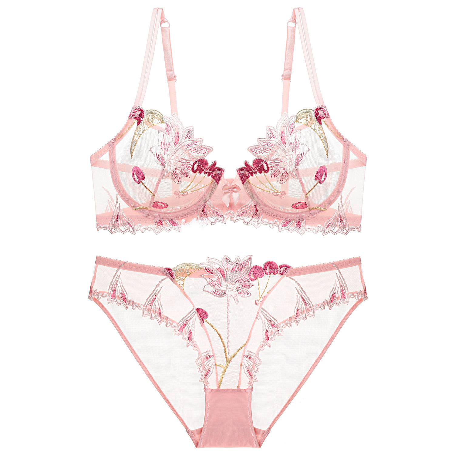 thumbnail image 5 of Conjunto de sujetador transparente con bordado de lencería súper sexy de Europa y Estados Unidos para mujer, pechos grandes, talla pequeña, 5 of 6