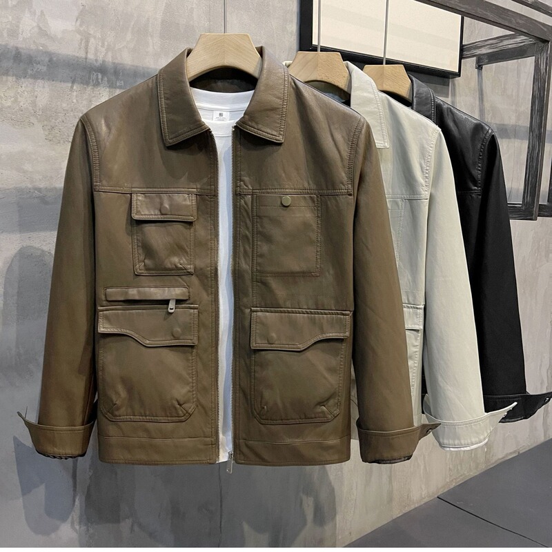 Autumn British Style Punk Bike Suit Men's Leather Jacket Retro Duffian Handsome Short Distinctive Multi-Pocket Lapel Jacket