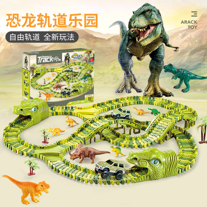 Ventas transfronterizas de juguetes de tren para niños DIY universal montaña rusa eléctrica de dinosaurios parque al por mayor