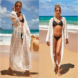 欧美蕾丝提花沙滩罩衫性感宽松开衫防晒衫海边连衣裙比基尼外罩衫