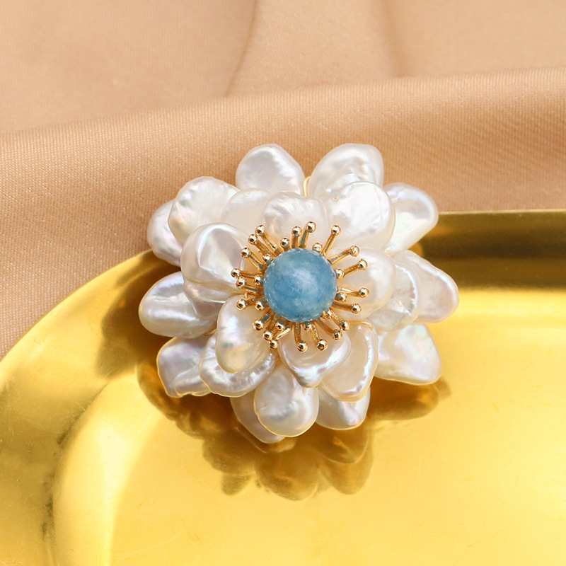 Perla natural broche diseño sentido nicho aguamarina flor ramillete pequeño incienso PIN de gama alta joyería retro al por mayor