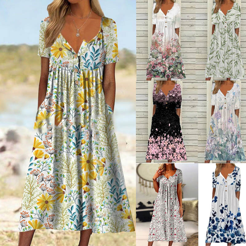 2022 European and American Amazon Spring New Trendy Printed V-Neck Button Short Sleeve Dress Women's Pocket Long Dress