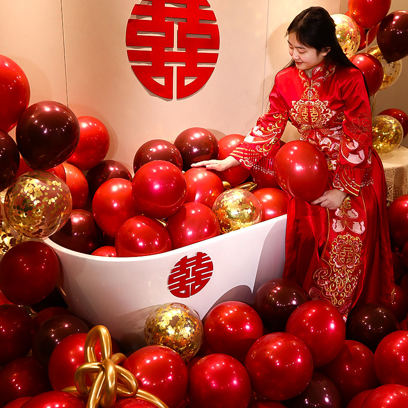 Wedding celebration macaron balloons pomegranate red marriage ceremony gemstone double-layer set bedroom decoration scene arrangement supplies