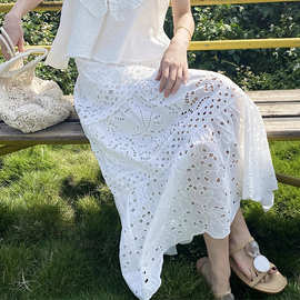 夏季法式刺绣半身裙女度假风沙滩裙白色仙女半裙韩国欧货女装长裙