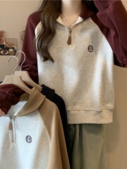 半拉链POLO领卫衣女秋薄款宽松百搭撞色长袖小个子短款上衣潮