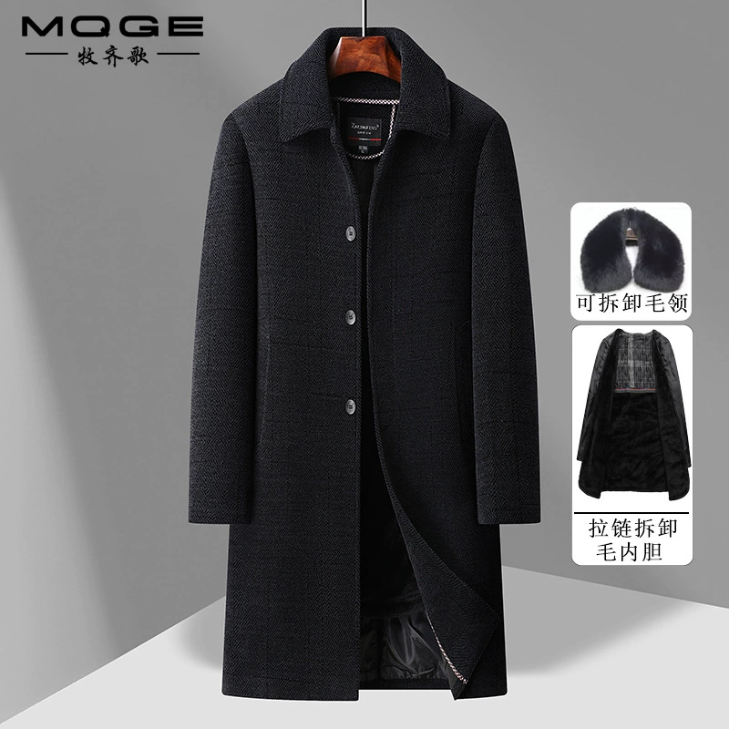 Мужское длинное отворот шерстяное пальто с воротом и плюшевым воротником