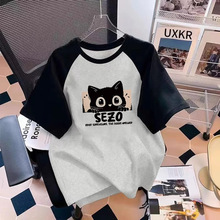 女大童纯棉短袖T恤初中学生夏季2025新款卡通印花撞色半袖上衣服