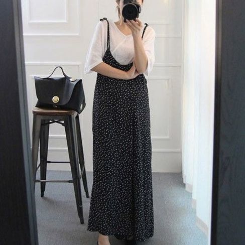 Wide-leg one-piece trouser skirt women's 300kg summer new Korean wave dot suspenders pants casual loose suspenders