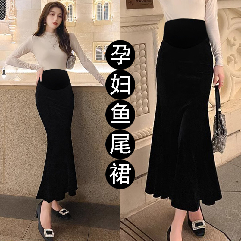 New trendy maternity skirt for pregnant women, spring and autumn skirt, high-quality velvet, fashionable fishtail long skirt for pregnancy