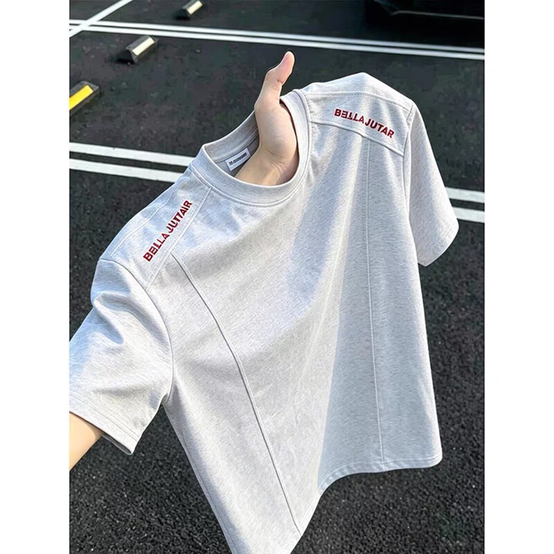 Gray straight-shoulder embroidered short-sleeve men's summer t-shirt with a cool, high-end, deconstructed look, American retro heavy-duty half-sleeve
