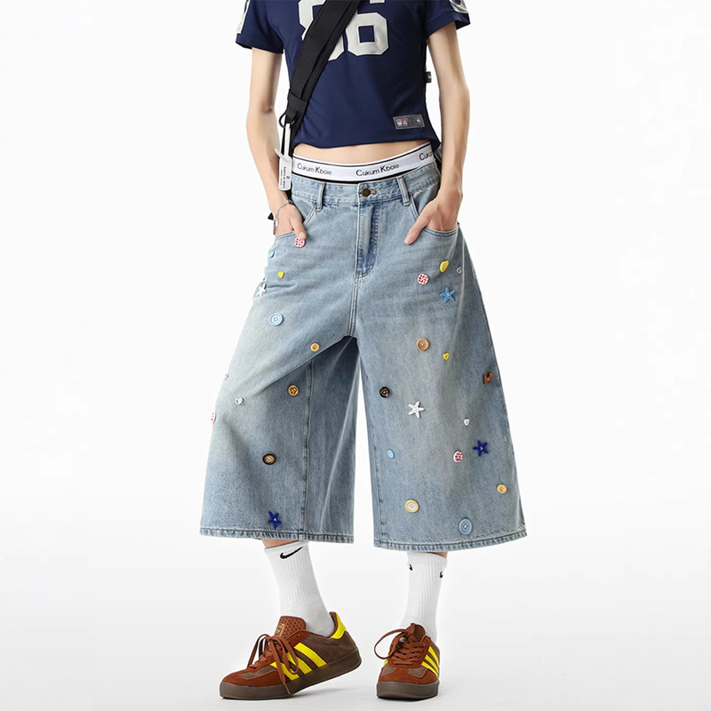 American-Style Colorful Buttoned Cropped Jeans, New Summer Slim-Fit Cropped Pants for Women, Loose Straight-Leg Cropped Wide-Leg Pants