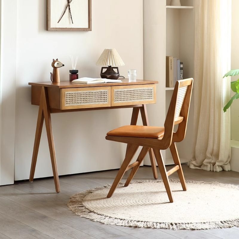 Wabi-Sabi Style Solid Wood Desk Home Bedroom Integrated Dressing Table Small Apartment Nordic Creative Rattan Dressing Table B&B