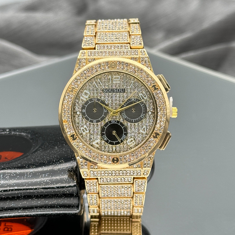 Foreign Trade Fashion Men's and Women's Light Luxury Diamond-studded Men's Watch Three-eye Six-pin Panda Couple's Quartz Watch for Men