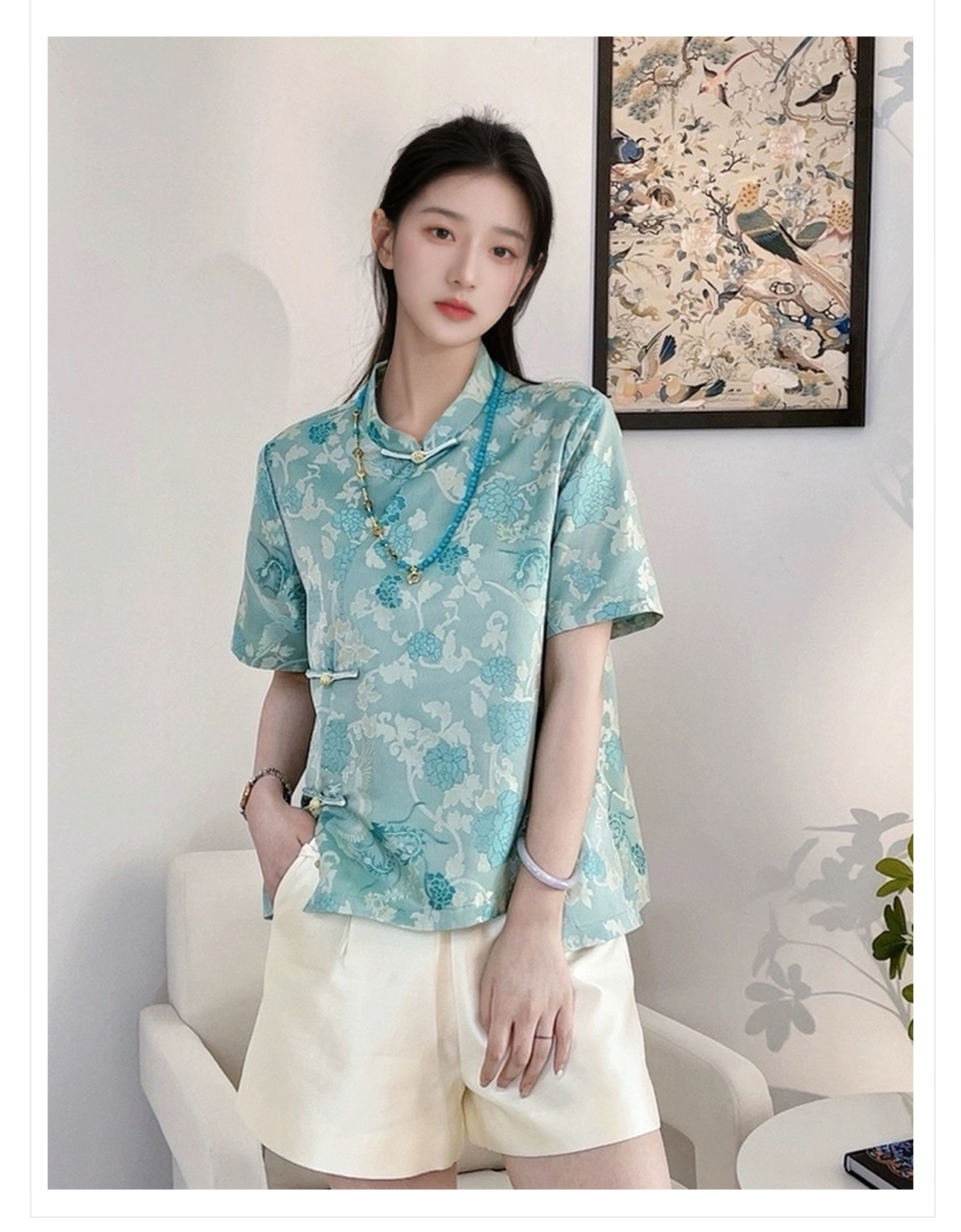 Áo sơ mi ngắn tay phong cách Trung Hoa mới, thiết kế mùa hè sang trọng M7008 — Màu hồng nhạt, Màu xanh lá, Màu vàng chi tiết 3